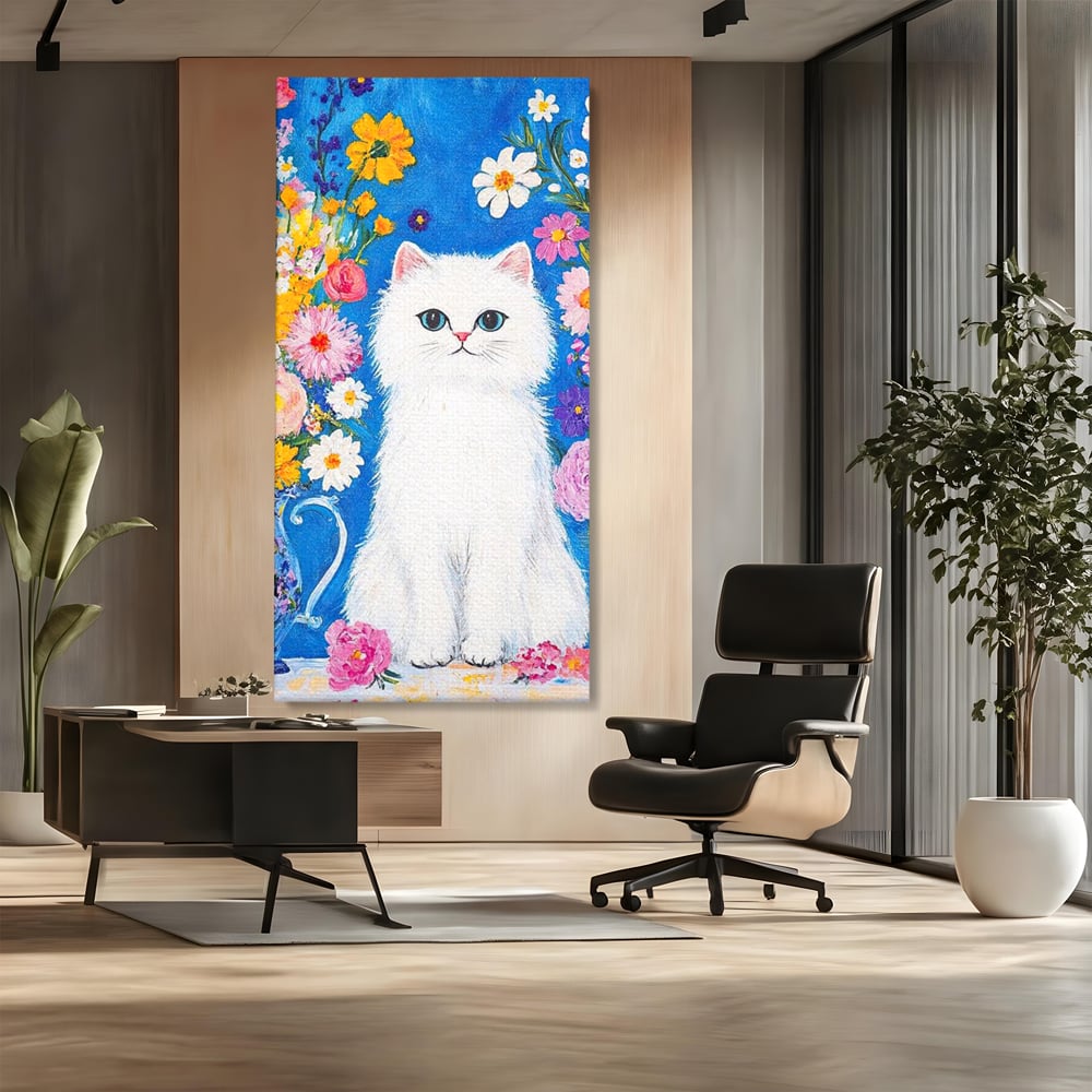 Tablou canvas cu tablou canvas cu pisica alba si flori, fara rama, pe sasiu de lemn, pe perete intr-un birou